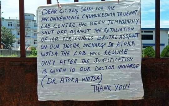 A banner put up by health workers in protest against the alleged assault of a doctor working at the Chümoukedima TrueNat Lab NAP (IR) personnel in Dimapur on August 21.